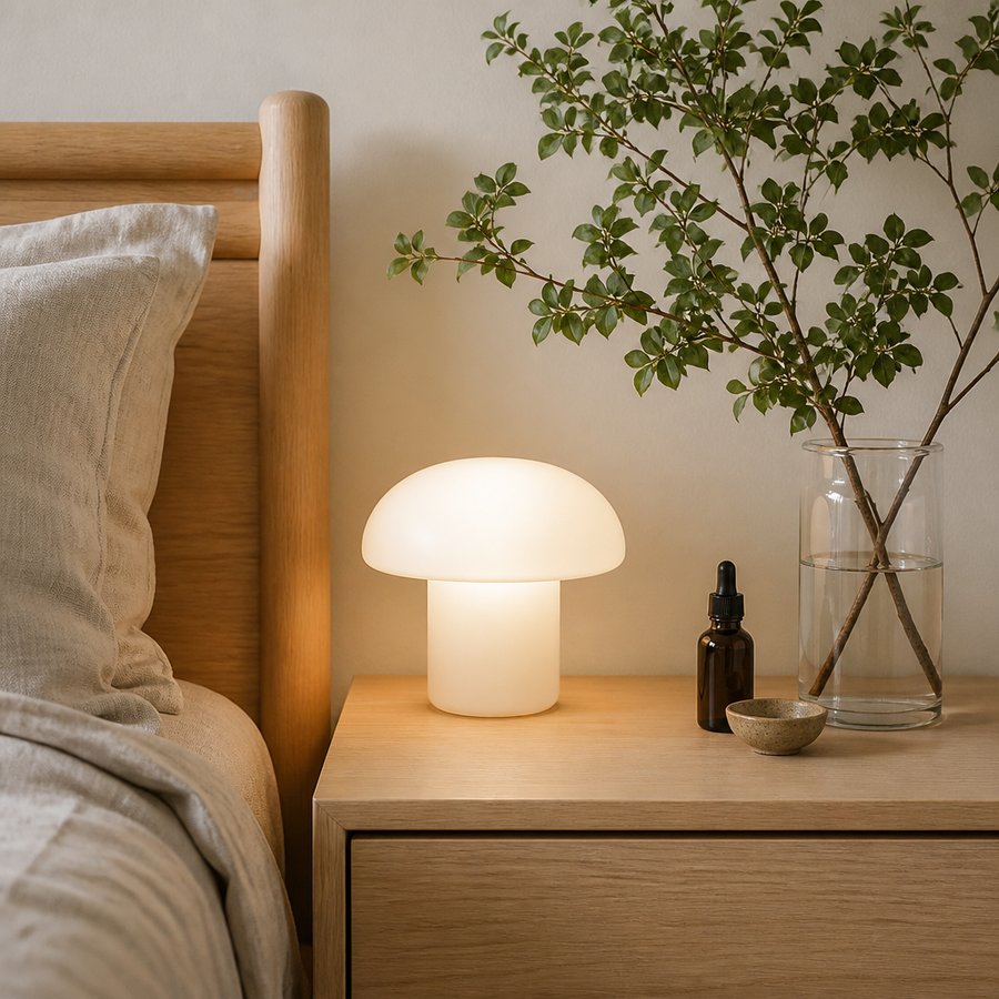 Bedroom nightstand with mushroom lamp and greenery