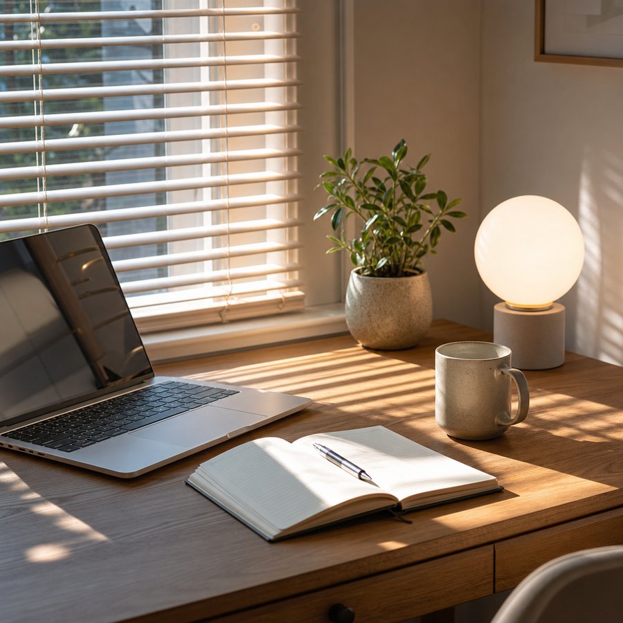 Sunlit desk with lamp, notebook, and coffee