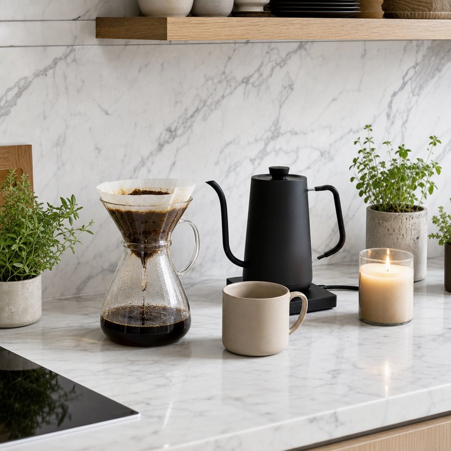 Marble kitchen counter with pour-over and kettle