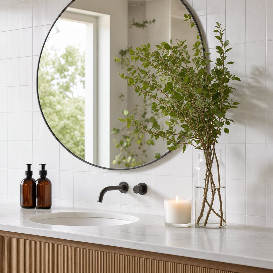 Bathroom vanity with apothecary bottles and candle