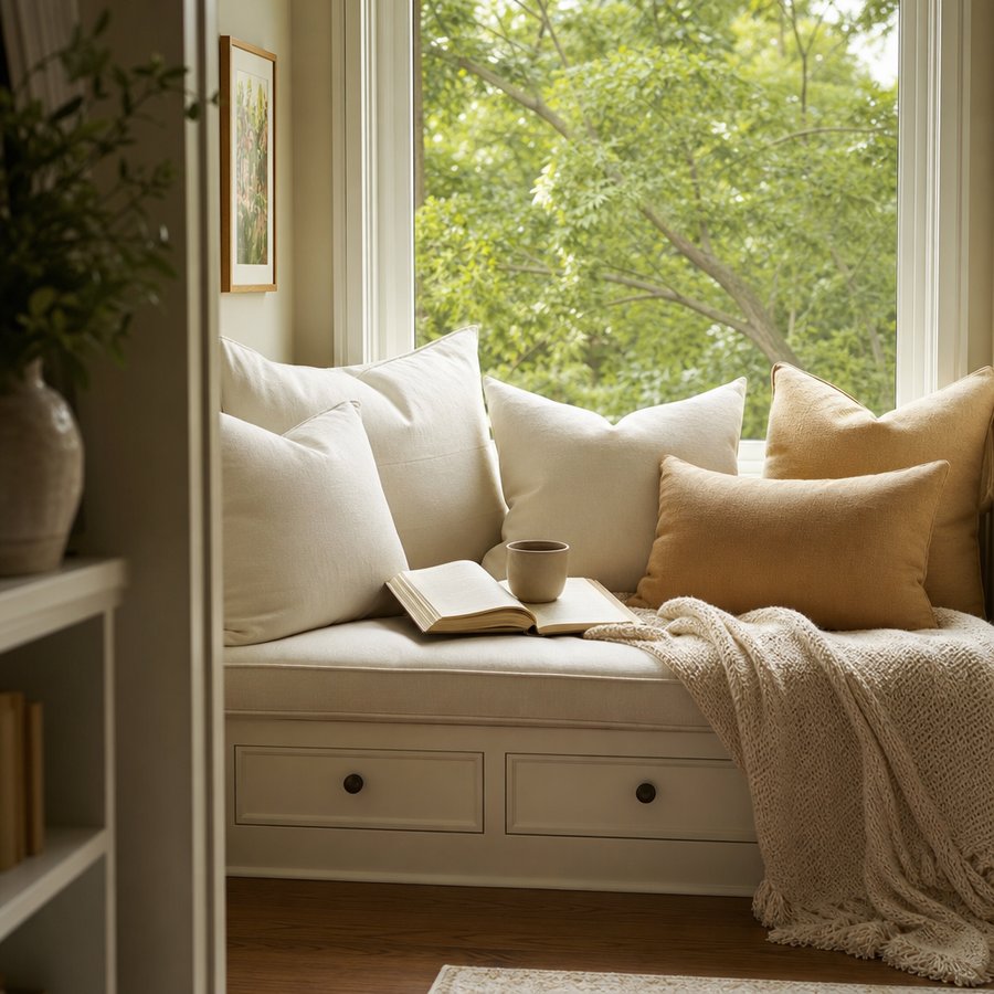 Window reading nook with pillows and knit throw