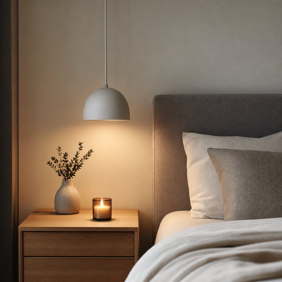 Bedroom nightstand under a dome pendant light