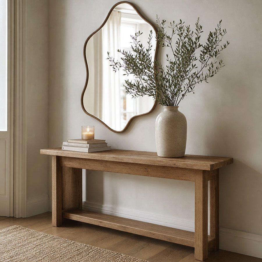 Console table with wavy mirror and tall greenery